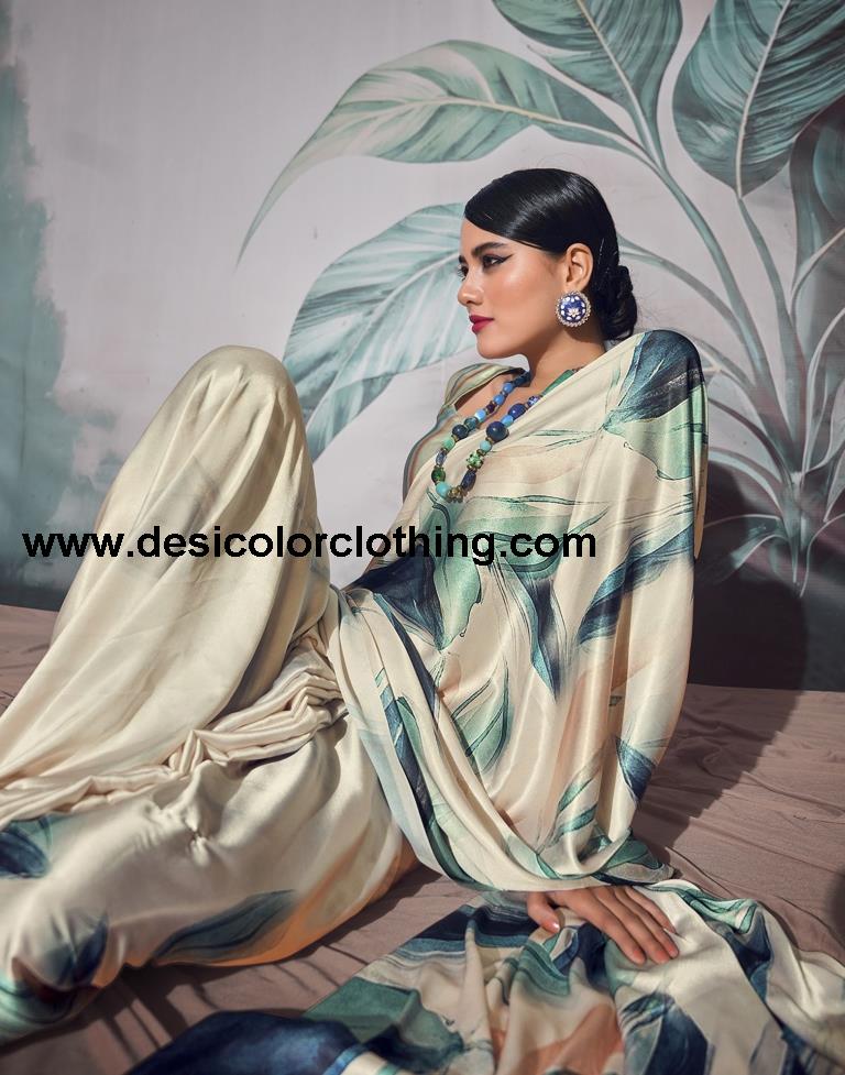 Cream Silk Printed Sarees