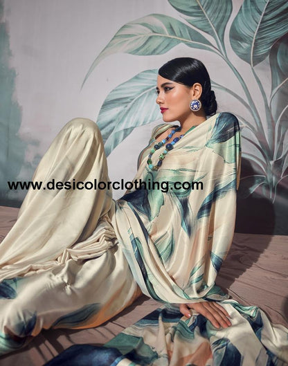 Cream Silk Printed Sarees