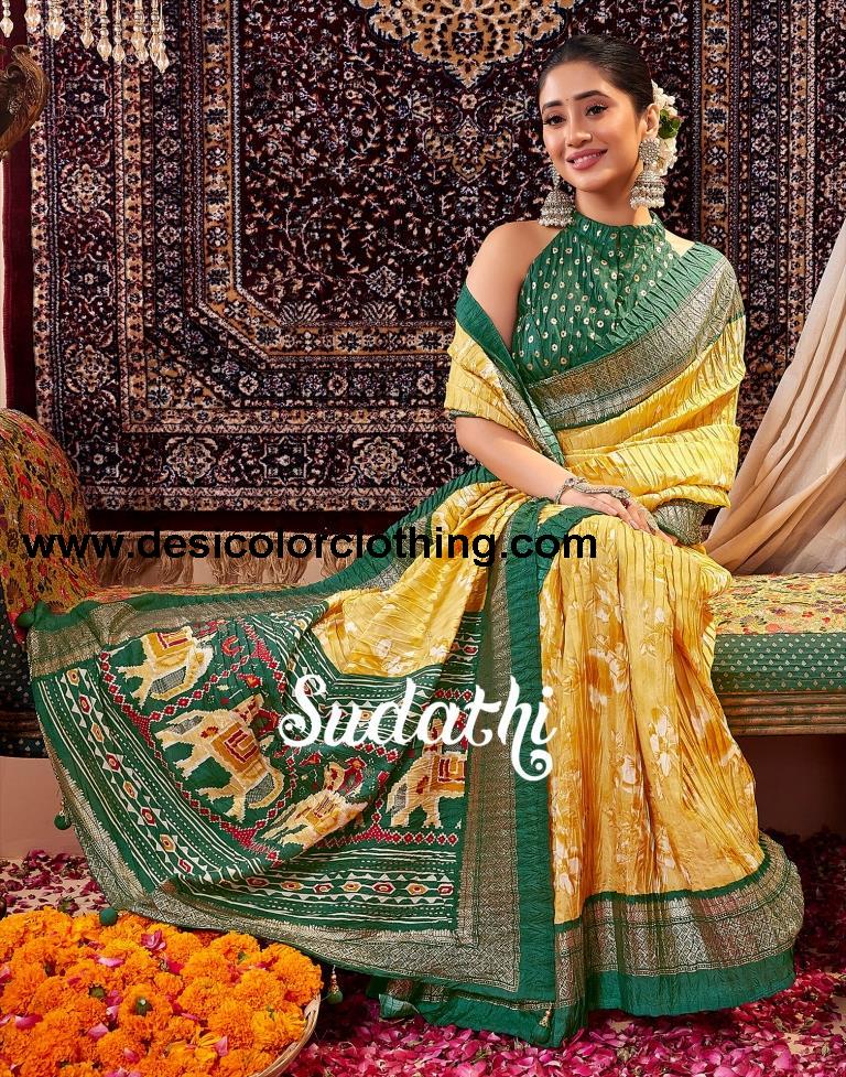 Yellow & Cream Printed Silk Saree