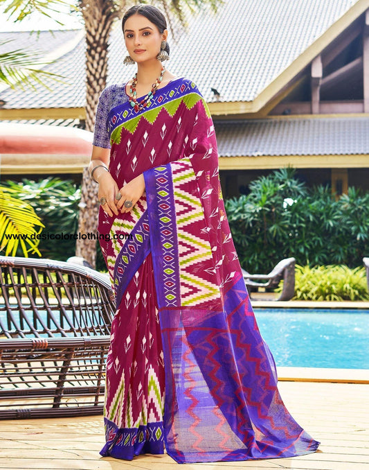 Pink Printed Cotton Pre-Draped Saree