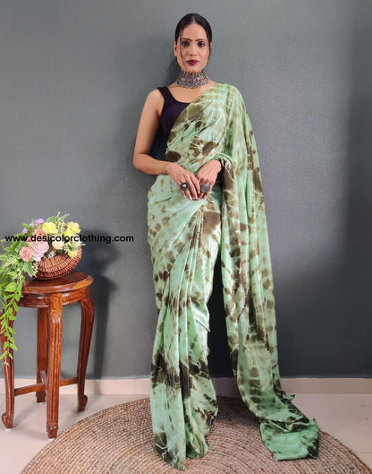 Sea Green Printed Silk Pre-draped Saree
