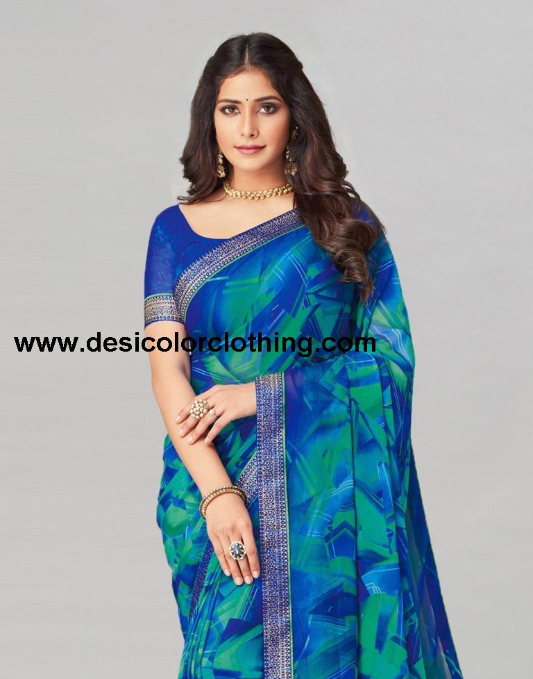 Blue Coloured Chiffon Geometric Printed Saree | SLV2206S934