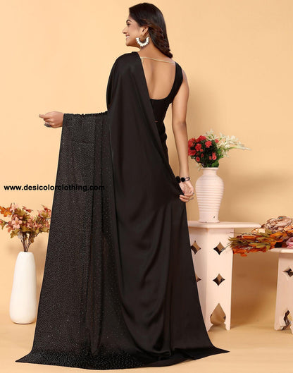 Black Silk Plain Hot Fixing Saree