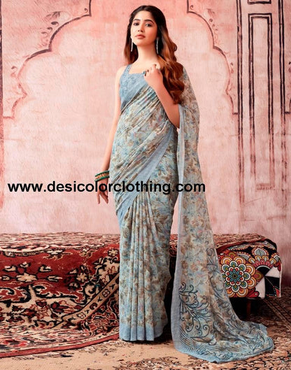 Brown Georgette Printed Sarees