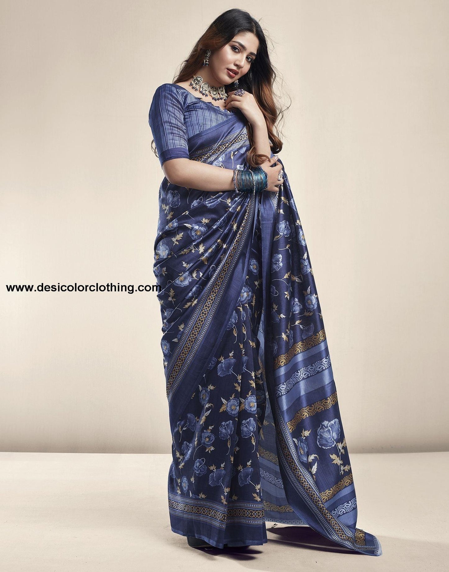 Royal Blue Floral Silk Saree