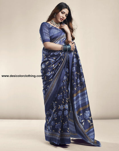 Royal Blue Floral Silk Saree