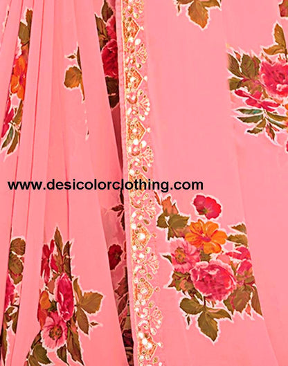Rose Pink Georgette Printed Saree