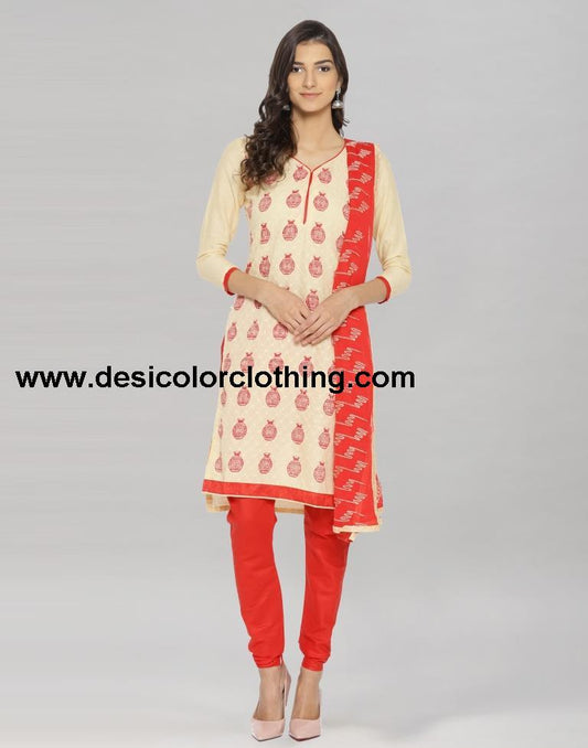 Beige Cotton Embroidered Printed Unstitched Salwar Suit