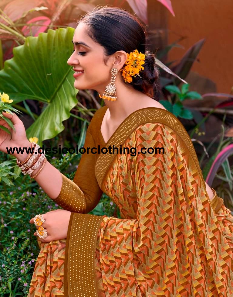 Dark Mustard Georgette Printed Saree