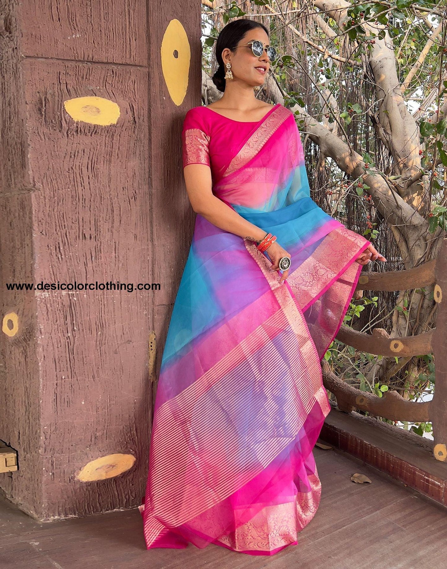 Rani Pink Plain Organza Saree