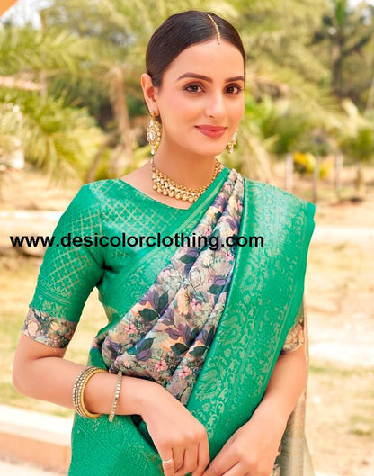 Teal Green Silk Printed Ready To Wear