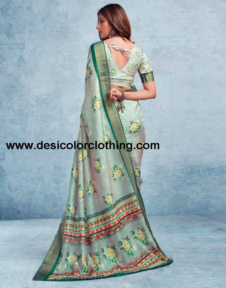 Dusty Green Silk Printed  Saree