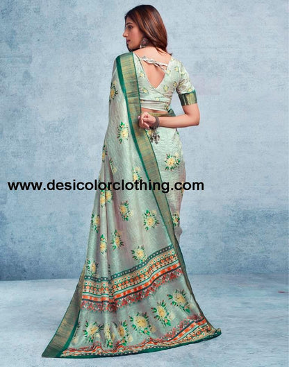 Dusty Green Silk Printed  Saree