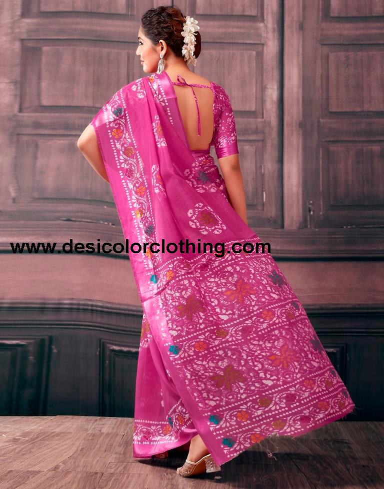 Pink Cotton Printed Sarees