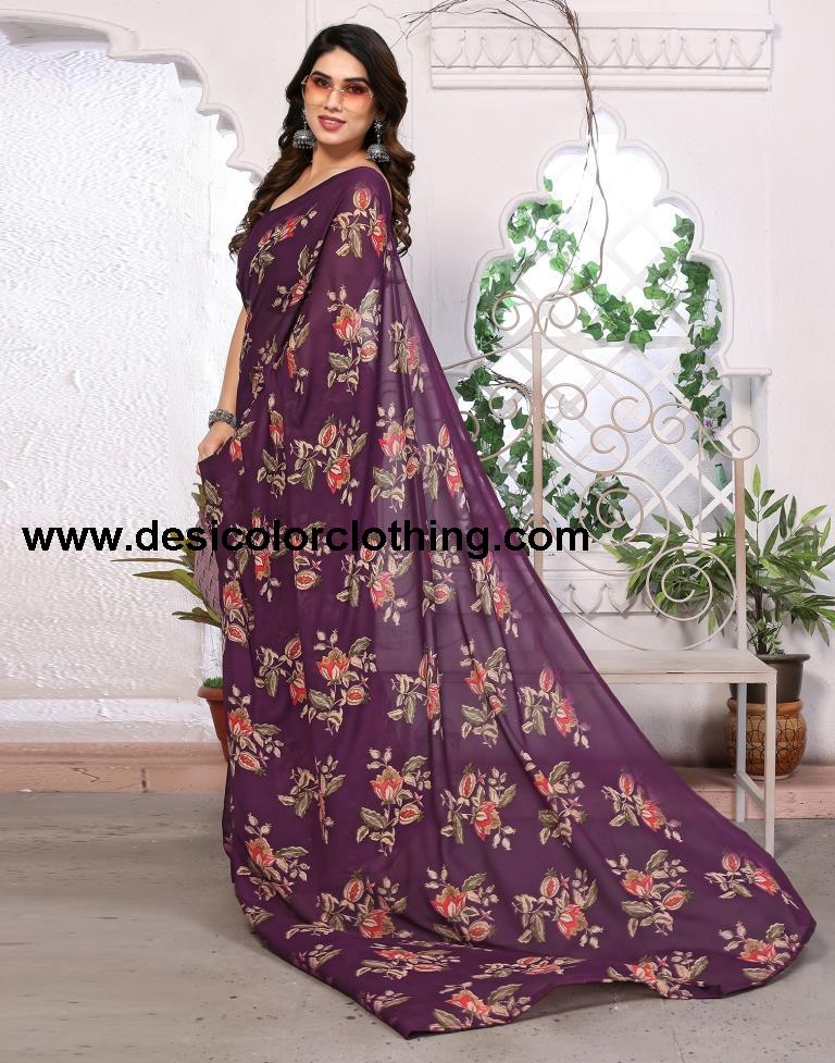 Wine Georgette Floral Printed Saree