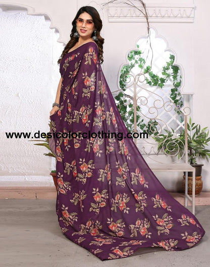 Wine Georgette Floral Printed Saree