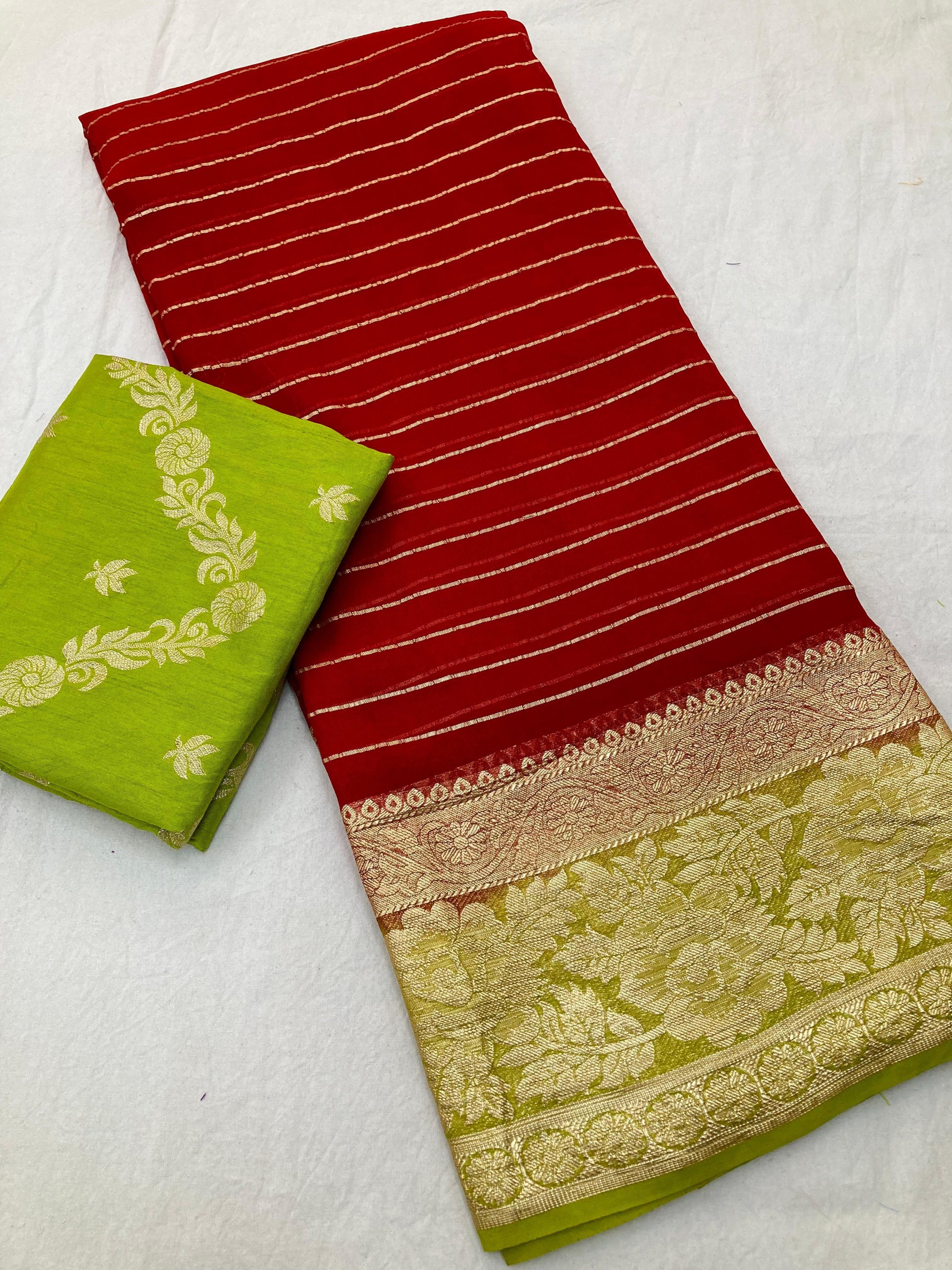 Product Image - Viscose Georgette Saree with Contrast Dola Banarasi Blouse | Designer Wedding & Festive Wear