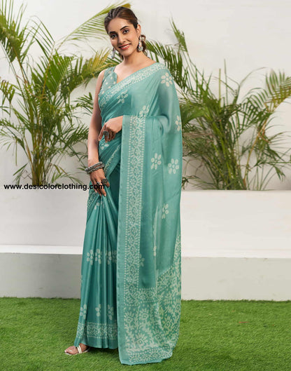 Soft Turquoise Chiffon Printed Saree