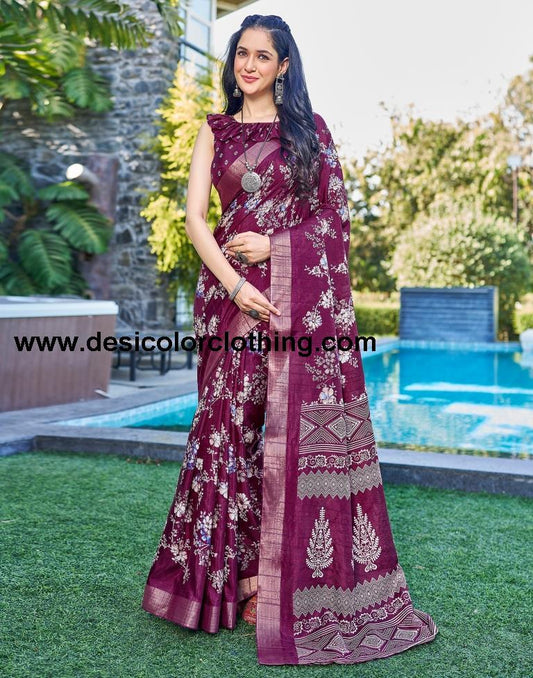 Wine Silk Printed Saree