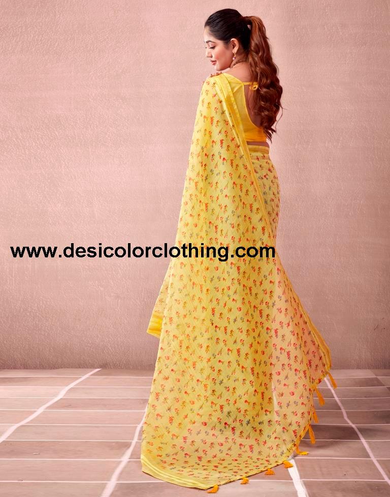 Yellow Cotton Printed  Saree