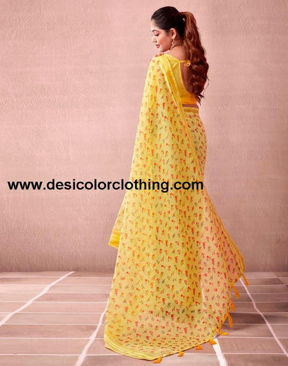 Yellow Cotton Printed  Saree