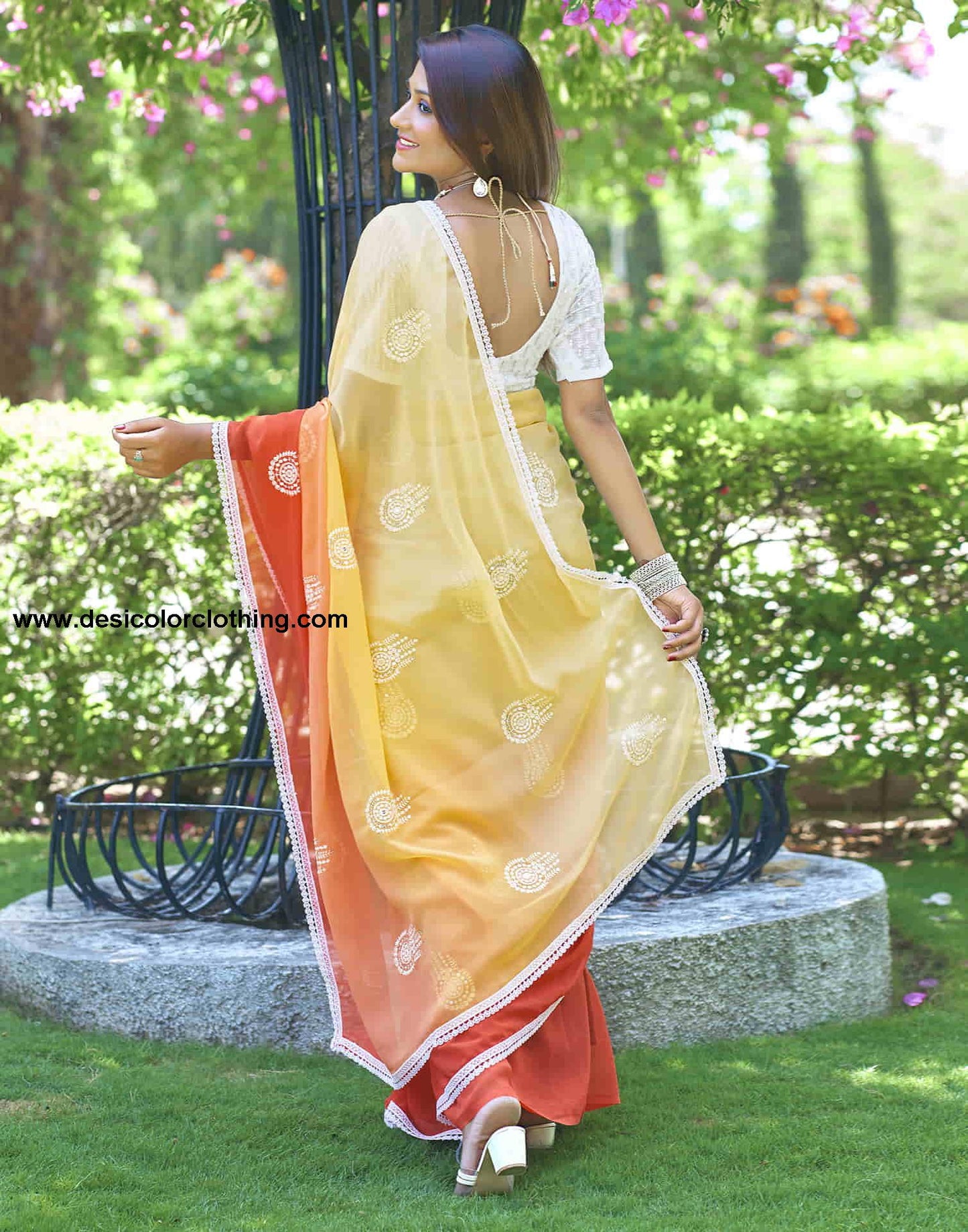 Orange Georgette Sequence Swarovski Saree