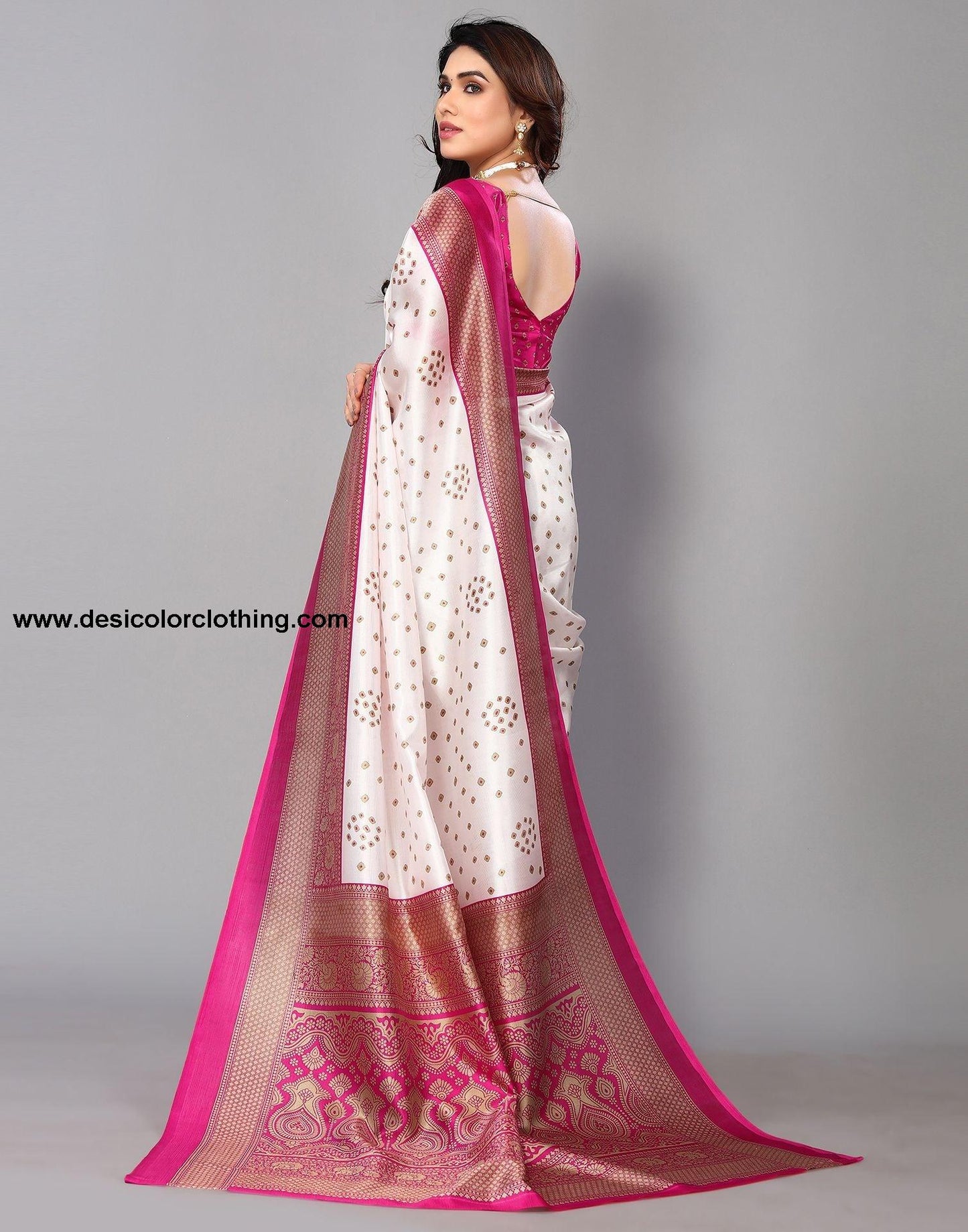 White Silk Bandhani Saree