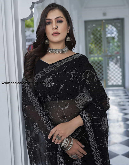 Black Swarovski Georgette Stone Work Saree