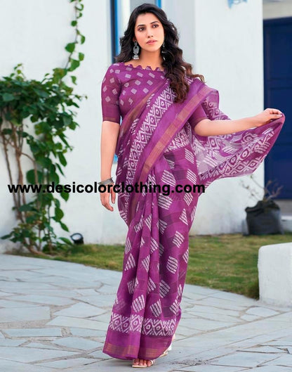 Purple Printed Cotton Saree