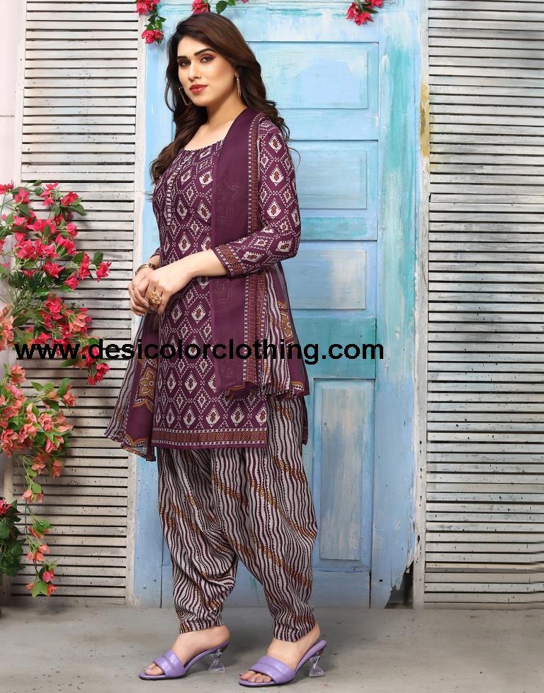 Wine Printed Cotton Unstitched Salwar Suit Material