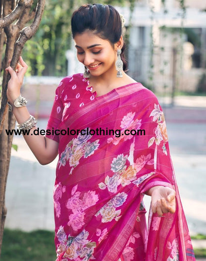 Rani Pink Cotton Printed Saree