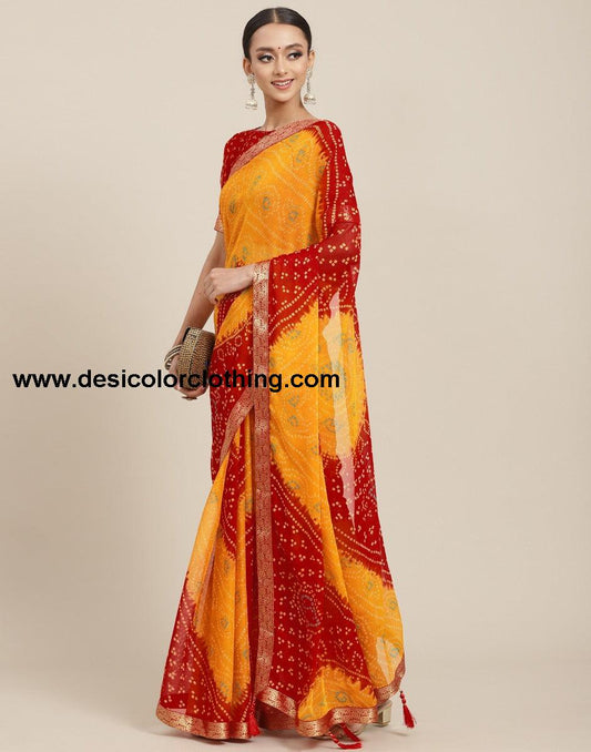Yellow And Red Bandhani Saree