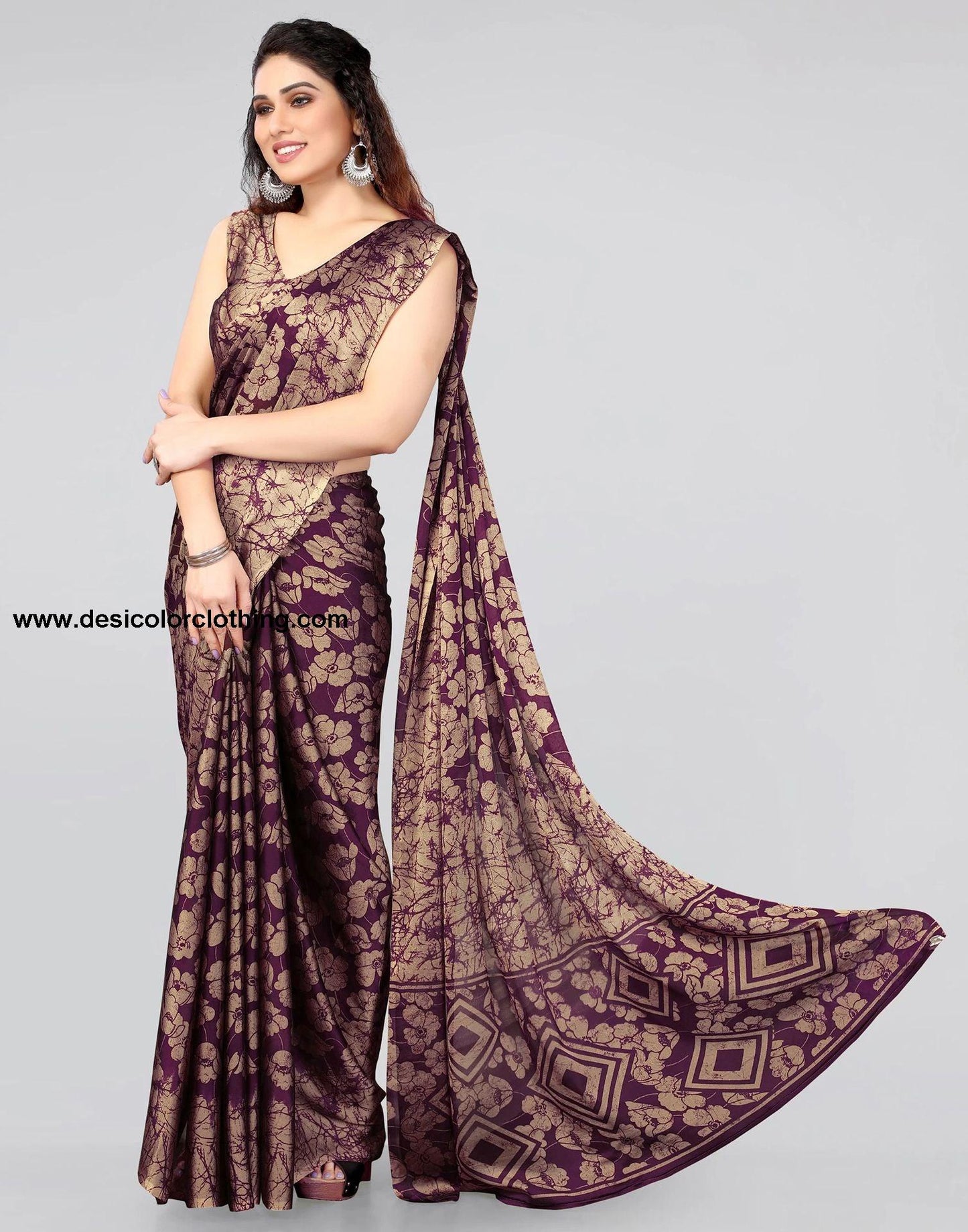 Wine Chiffon Printed Saree