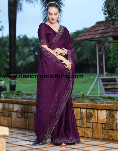 Wine Swarovski Georgette Saree