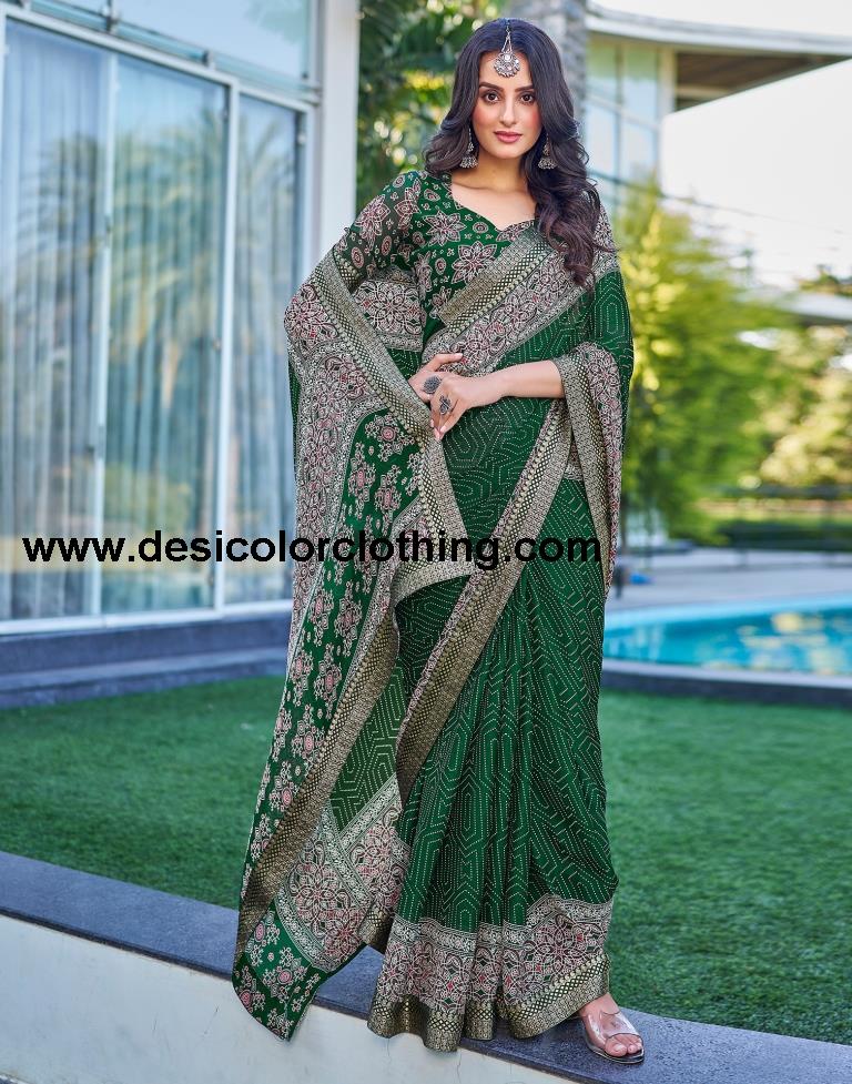 Dark Green Georgette Printed Saree