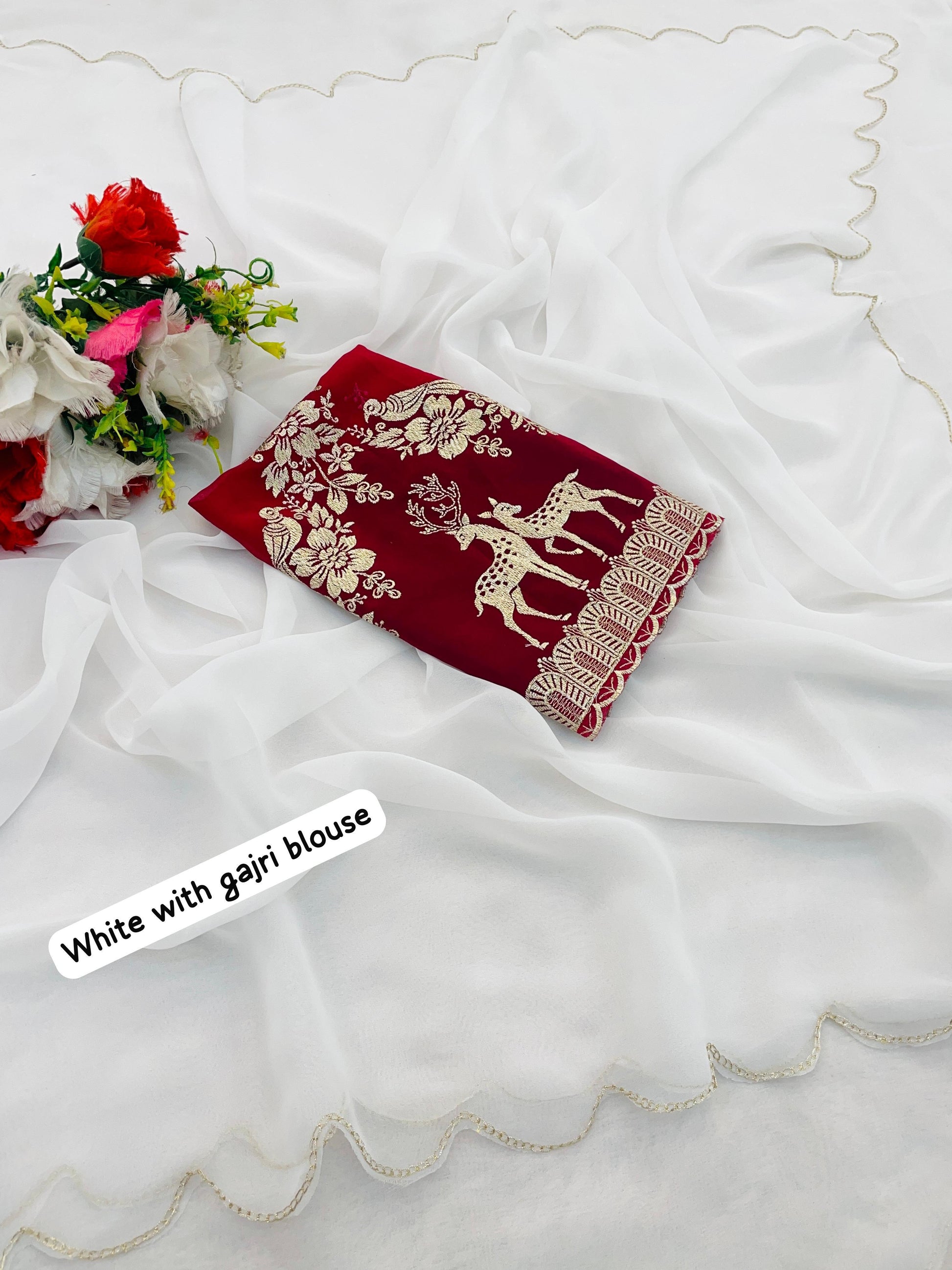Product Image - White Georgette Designer Saree with Golden Work & Embroidered Blouse