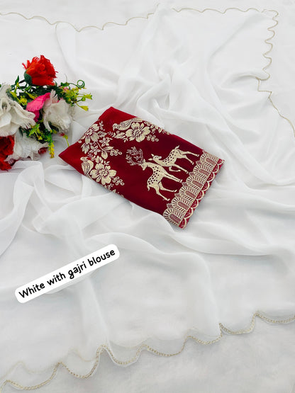 Product Image - White Georgette Designer Saree with Golden Work & Embroidered Blouse
