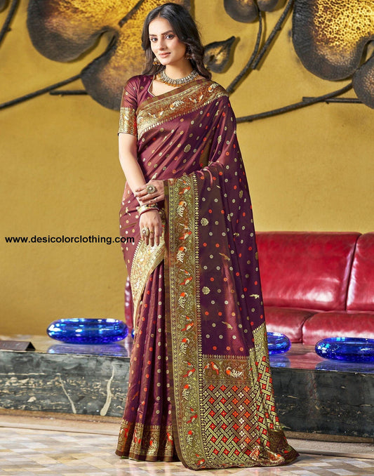 Brown Jacquard Silk Saree