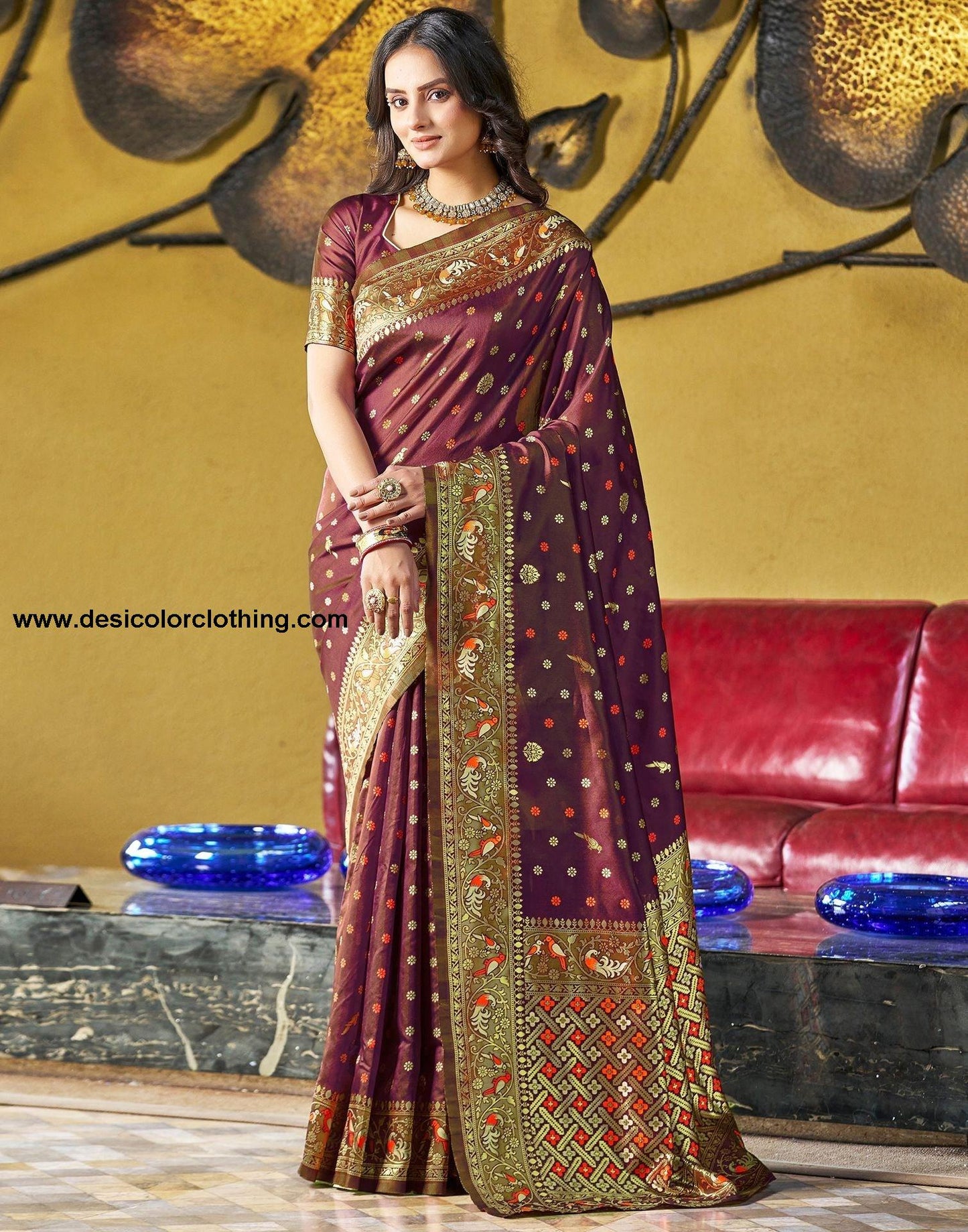 Brown Jacquard Silk Saree