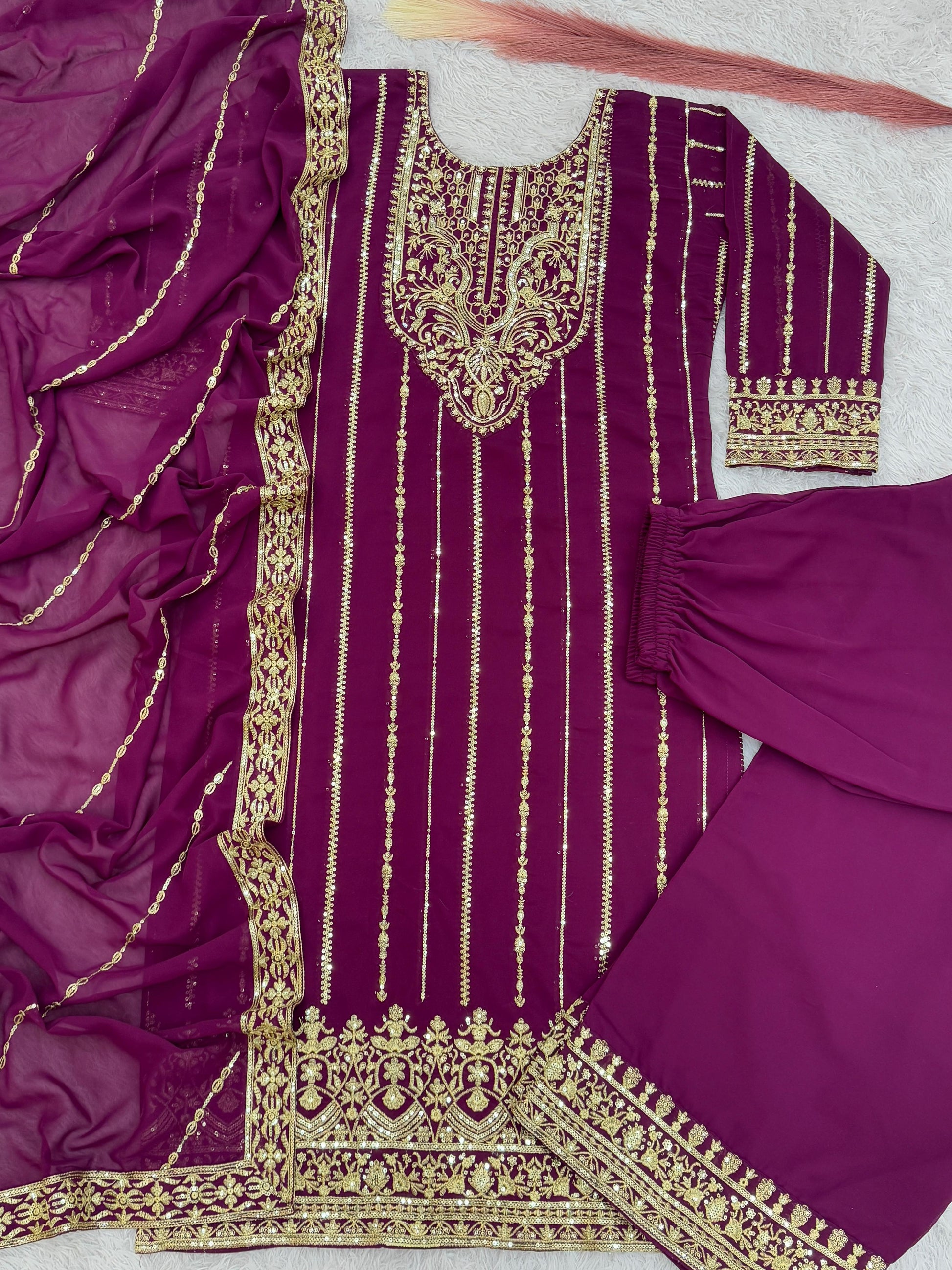 Product Image - Elegant 3 Piece Long Kurti Set with Palazzo and Dupatta - Designer Ethnic Wear