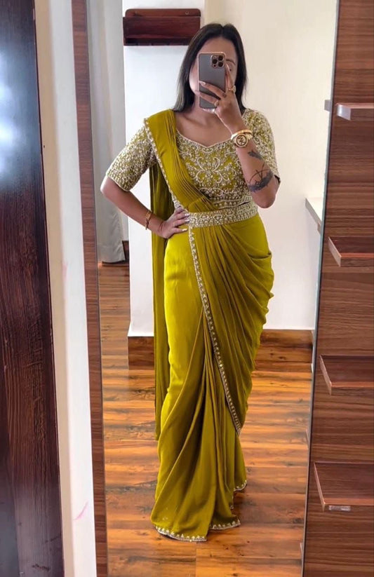 Pre-Plated Saree with Fully Stitched Embroidered Blouse - Effortless Elegance