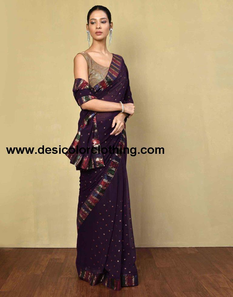 Deep Purple Georgette Plain Saree