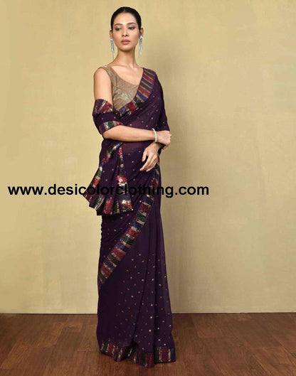 Deep Purple Georgette Plain Saree