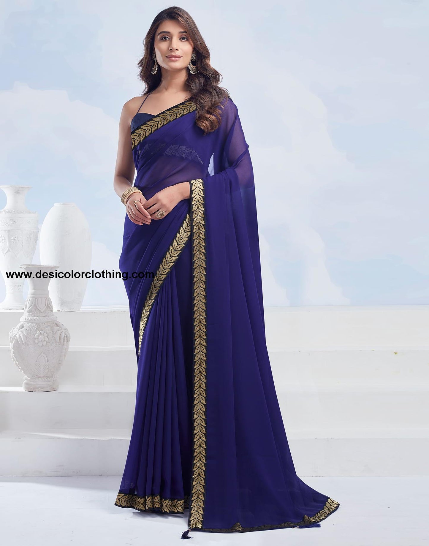 Navy Blue Bhagalpuri Silk Blouse & Georgette Saree with Lace and Tassels