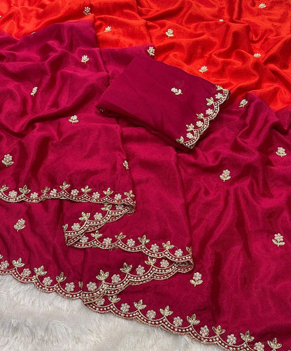 Product Image - Designer Chinnon Saree with Embroidery and Moti Work