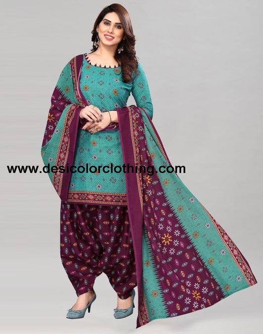 Turquoise Green Printed Cotton Unstitched Salwar Suit Material