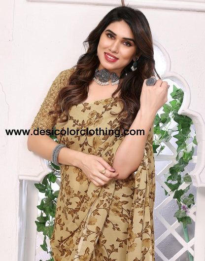 Beige Georgette Floral Printed Saree