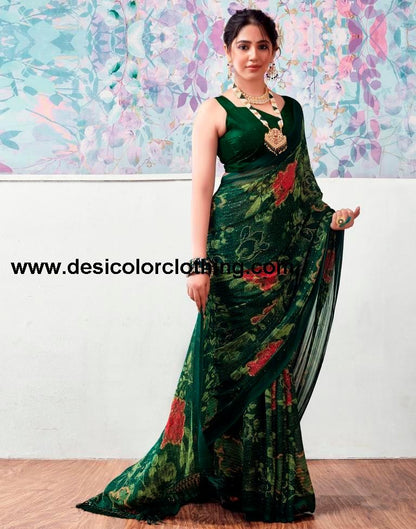 Dark Green Georgette Printed Sarees