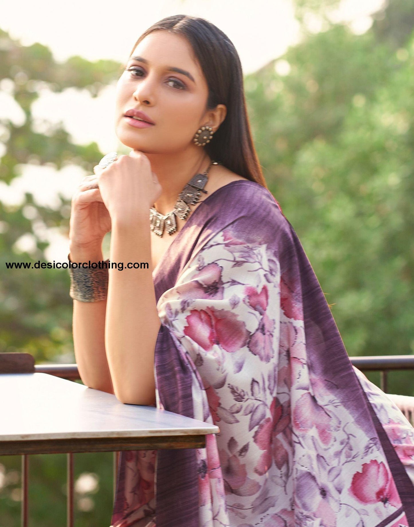 Cream Printed Silk Saree