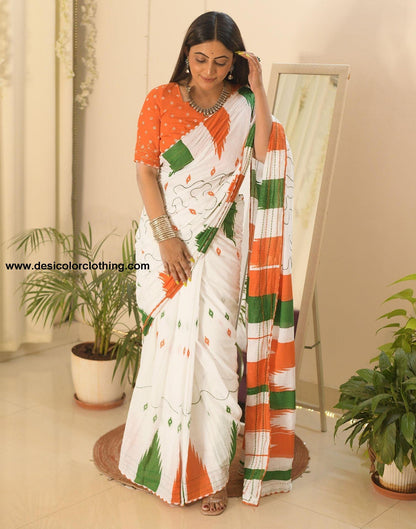 White Printed Cotton Pre-draped Saree